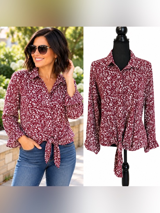 JODIFL Tops - JODIFL Floral Tie-Front Button Down Shirt Size Large Romantic Boho Cottagecore